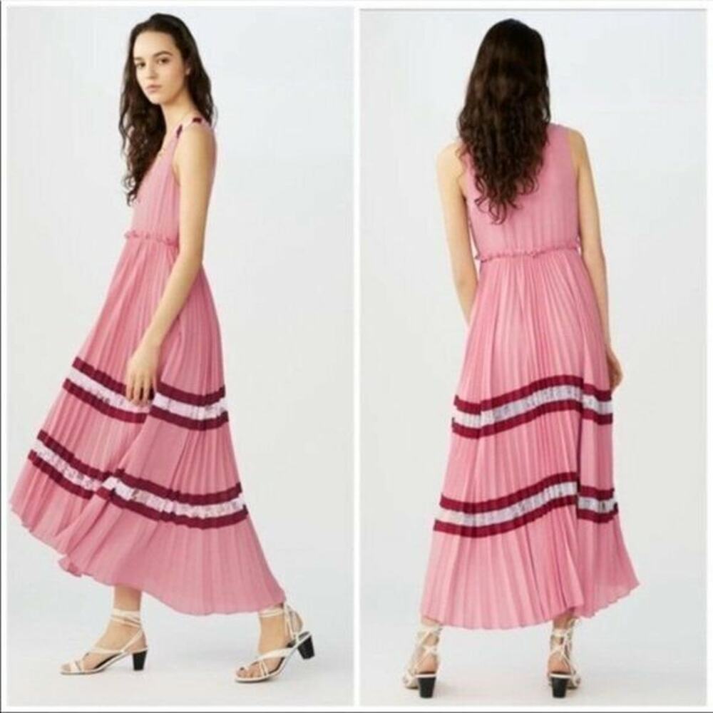 Maje Pink Lace Stripe Vneck Ritello Accordion Pleated Maxi Dress Small NEW